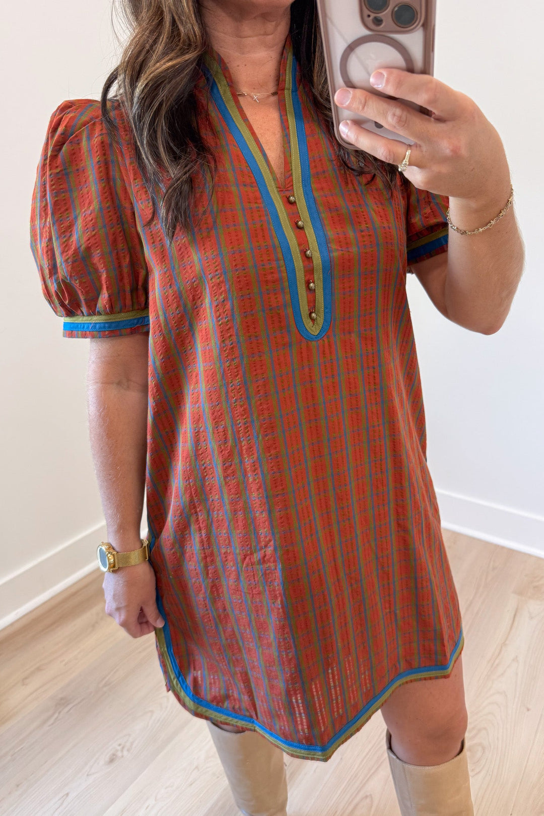 burnt orange blue and olive green plaid print short sleeve button embellished v neckline short dress