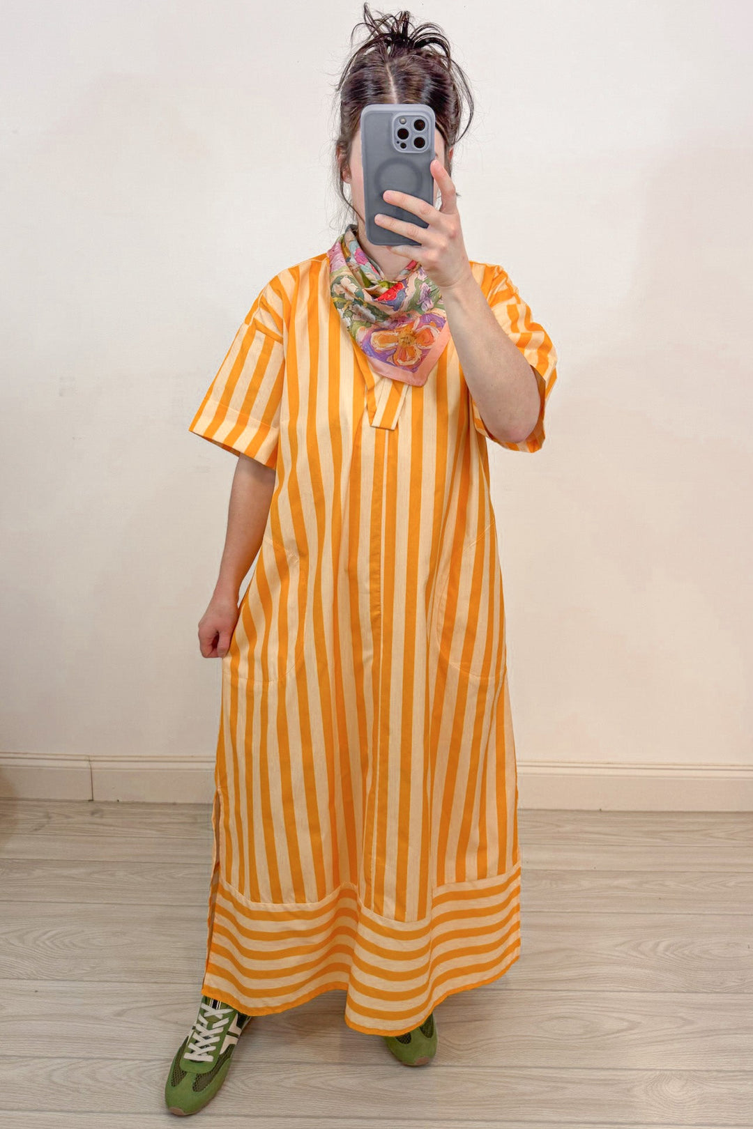 orange and pale peach alternating striped short sleeve midi dress