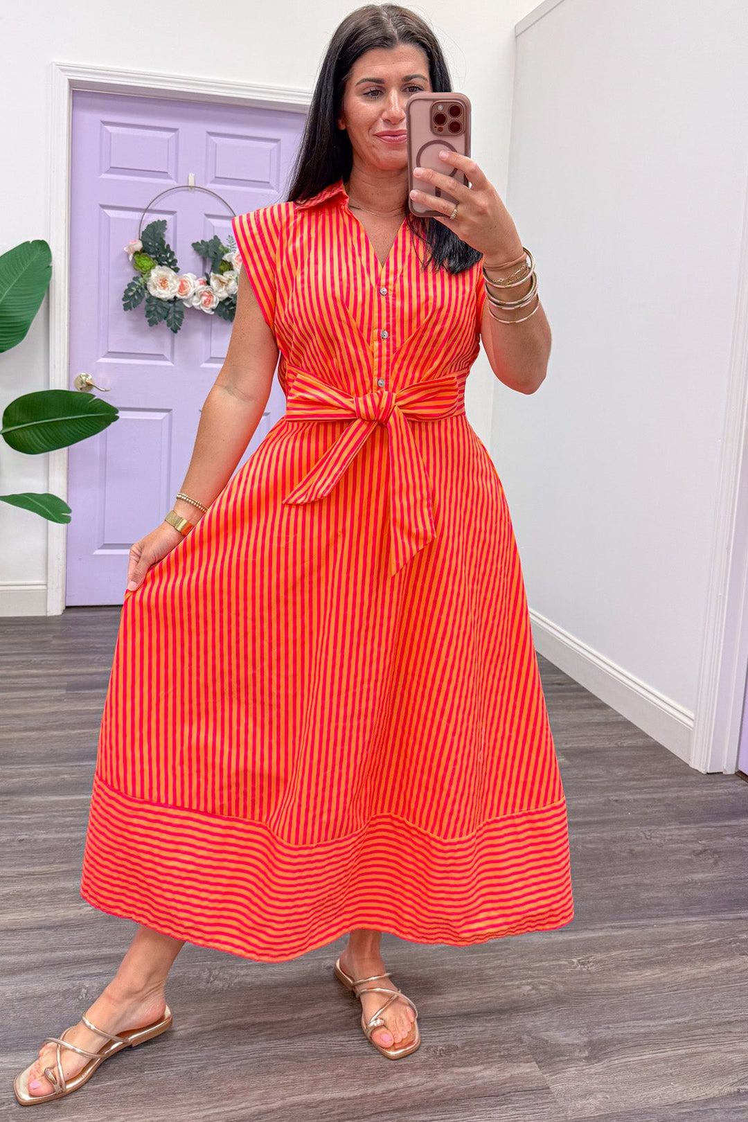 orange and pink striped v neckline poplin midi dress relaxed silhouette
