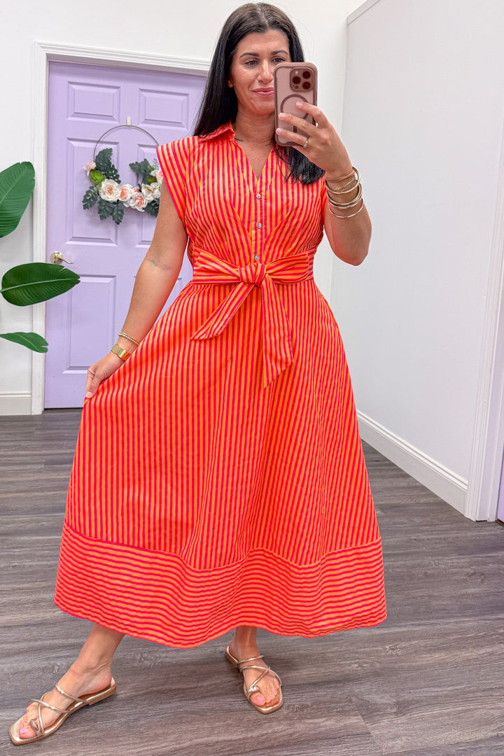 orange and pink striped v neckline poplin midi dress relaxed silhouette
