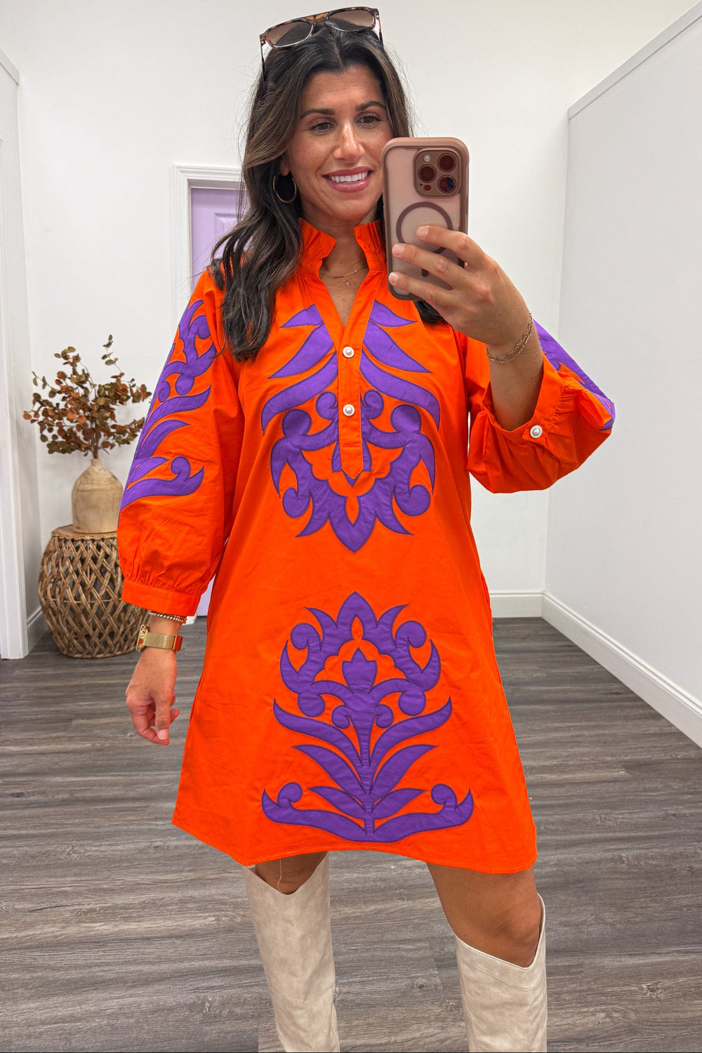 orange with large purple floral print half length balloon sleeve v neckline short dress