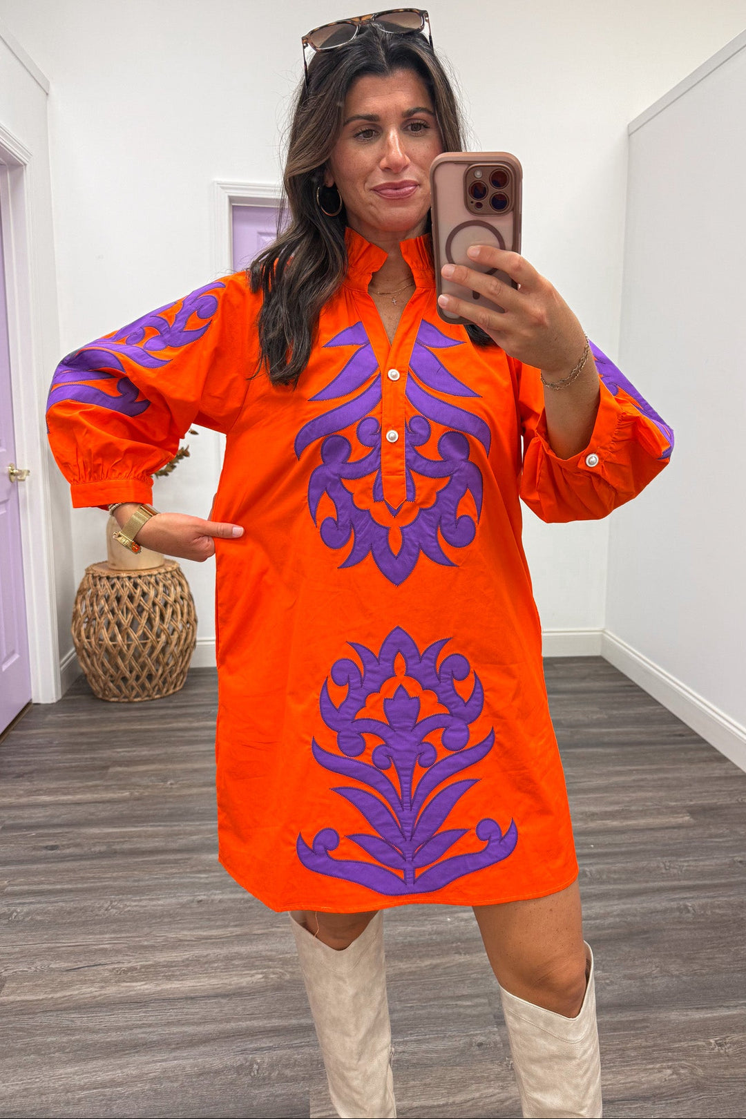 orange with large purple floral print half length balloon sleeve relaxed silhouette short dress