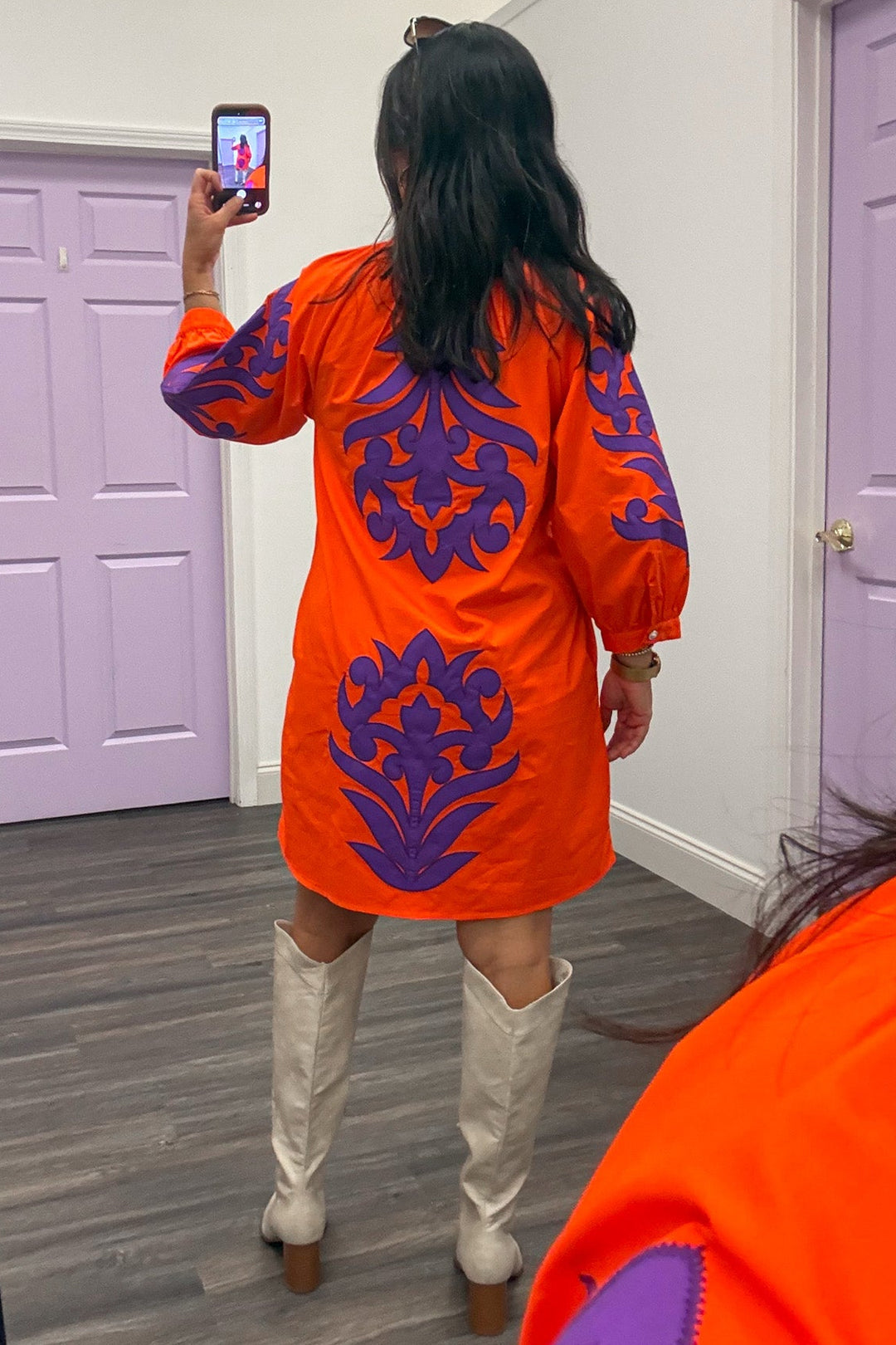 orange with large purple floral print half length balloon sleeve cotton poplin short dress