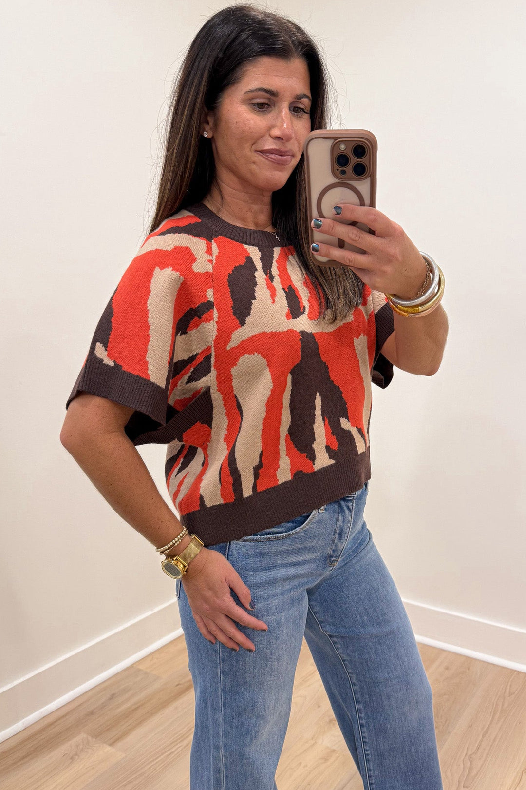 orange taupe and brown animal print crew neckline short dolman sleeve knit sweater top