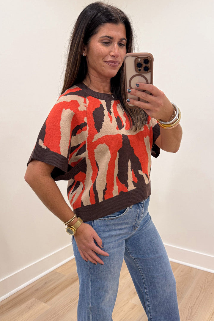 orange taupe and brown animal print crew neckline short dolman sleeve knit sweater top
