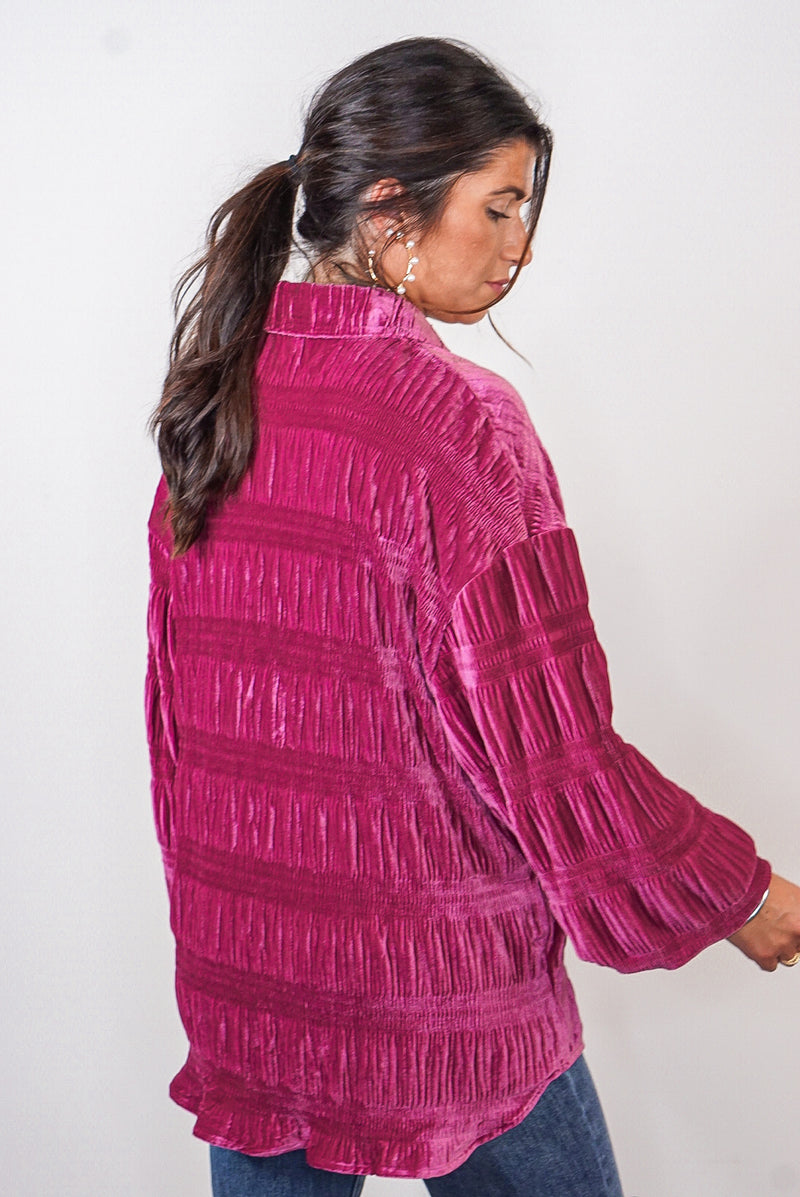 orchid pink pleated velvet top