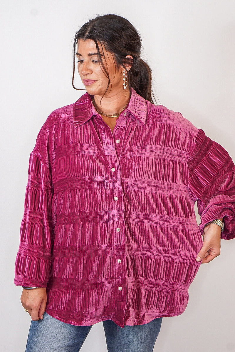 orchid pink pleated velvet top