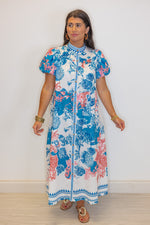 blue coral printed belted midi dress