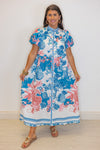 blue coral printed belted midi dress