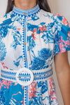 blue coral printed belted midi dress