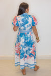blue coral printed belted midi dress