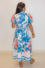 blue coral printed belted midi dress