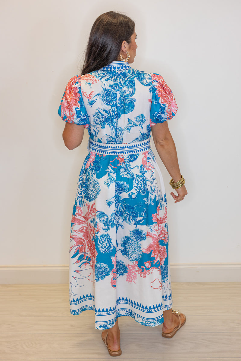 blue coral printed belted midi dress