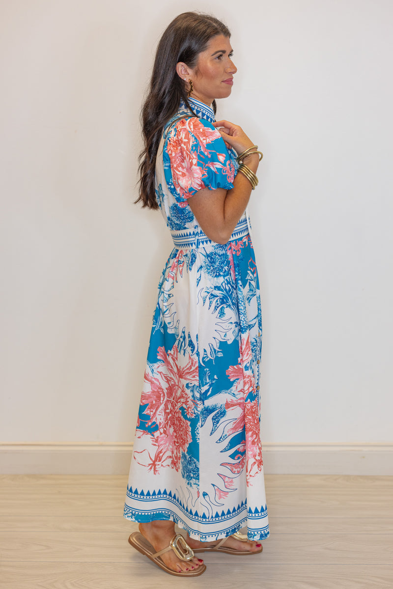 blue coral printed belted midi dress