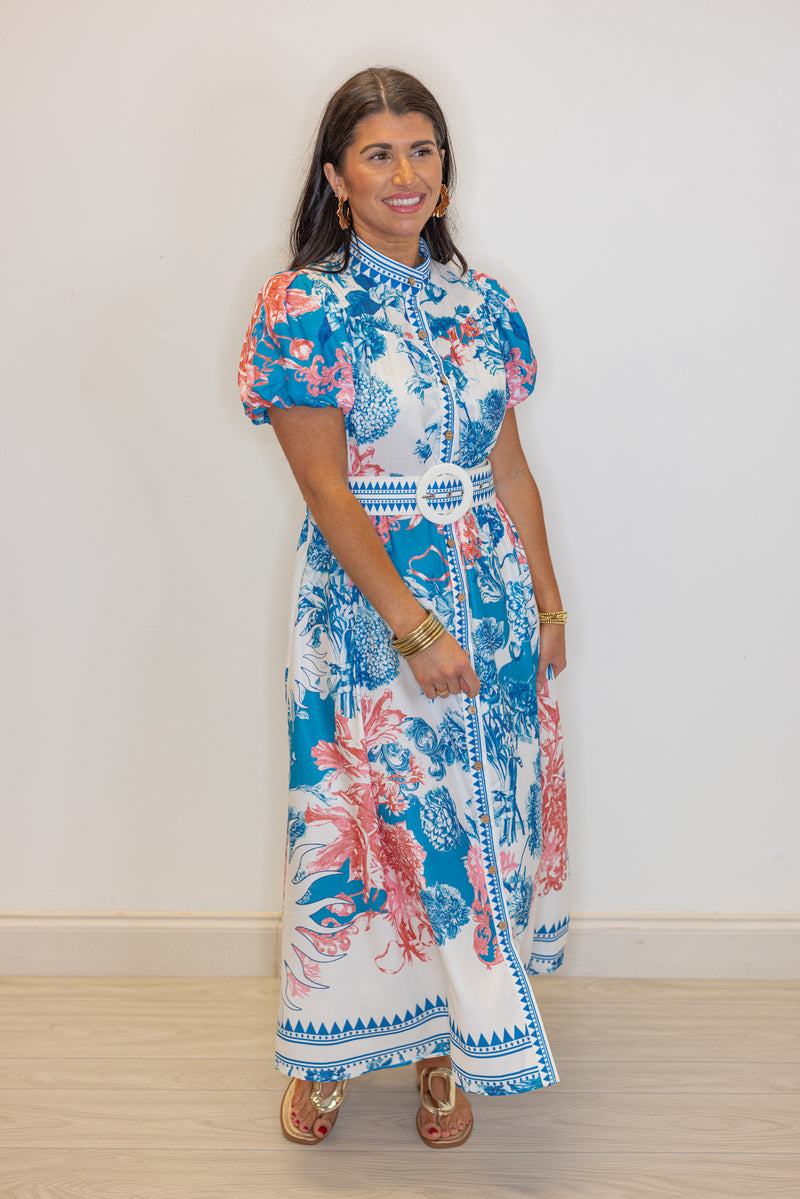 blue coral printed belted midi dress