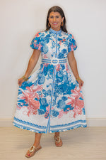 blue coral printed belted midi dress