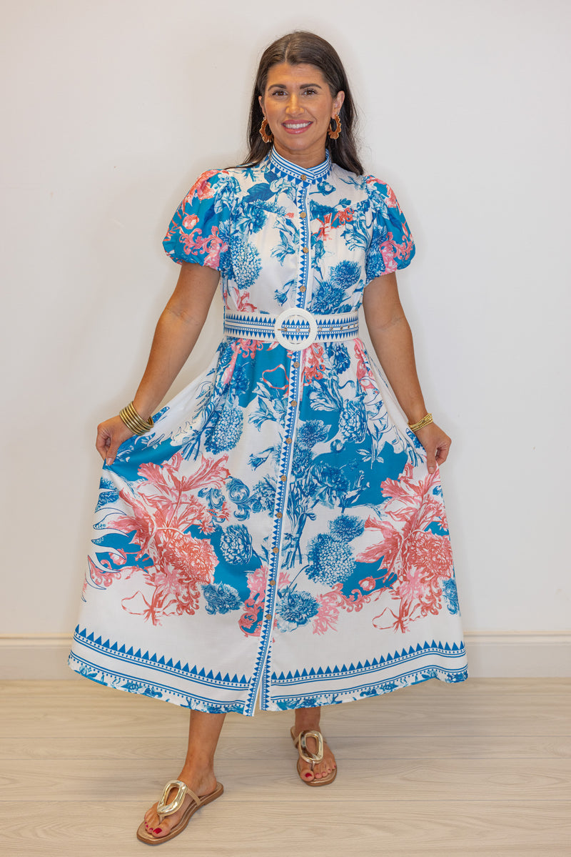 blue coral printed belted midi dress