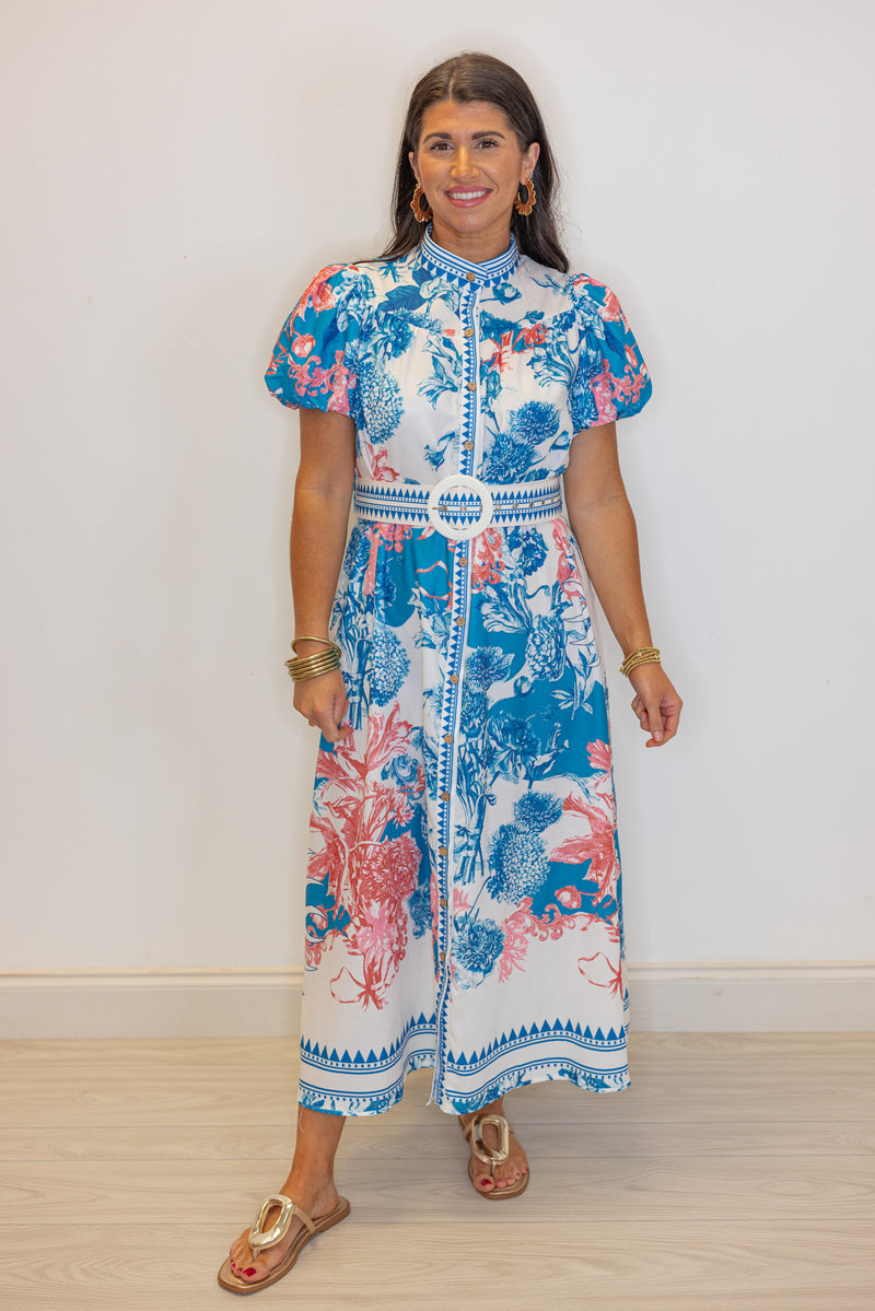 blue coral printed belted midi dress