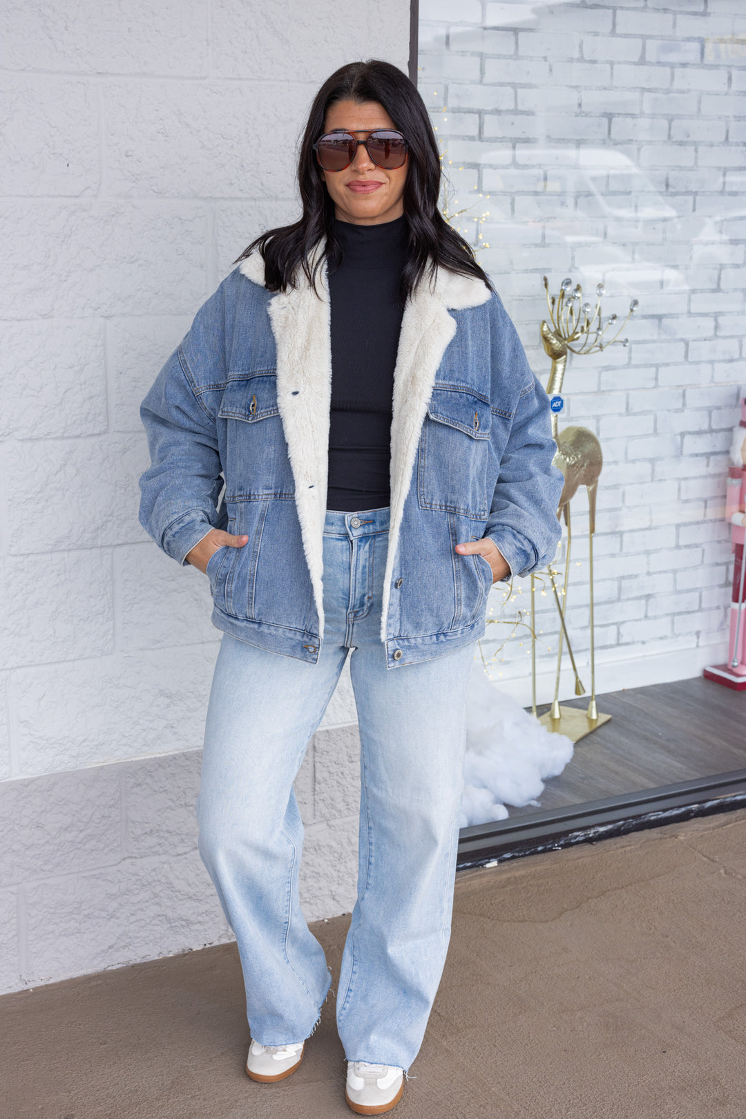 Trendy blue denim jacket with cream faux fur lining by Wishlist, perfect for cooler weather