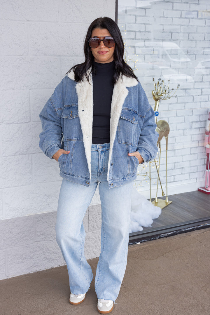 Trendy blue denim jacket with cream faux fur lining by Wishlist, perfect for cooler weather