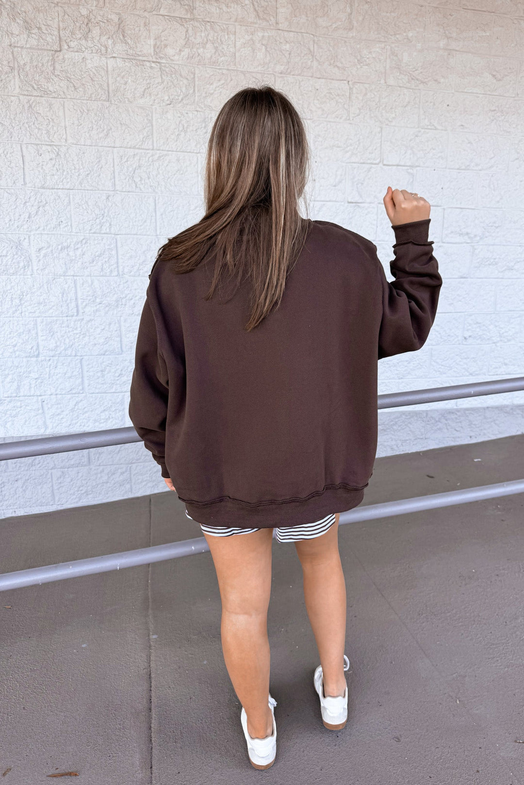 bucketlist oversized mock neck brown sweatshirt back