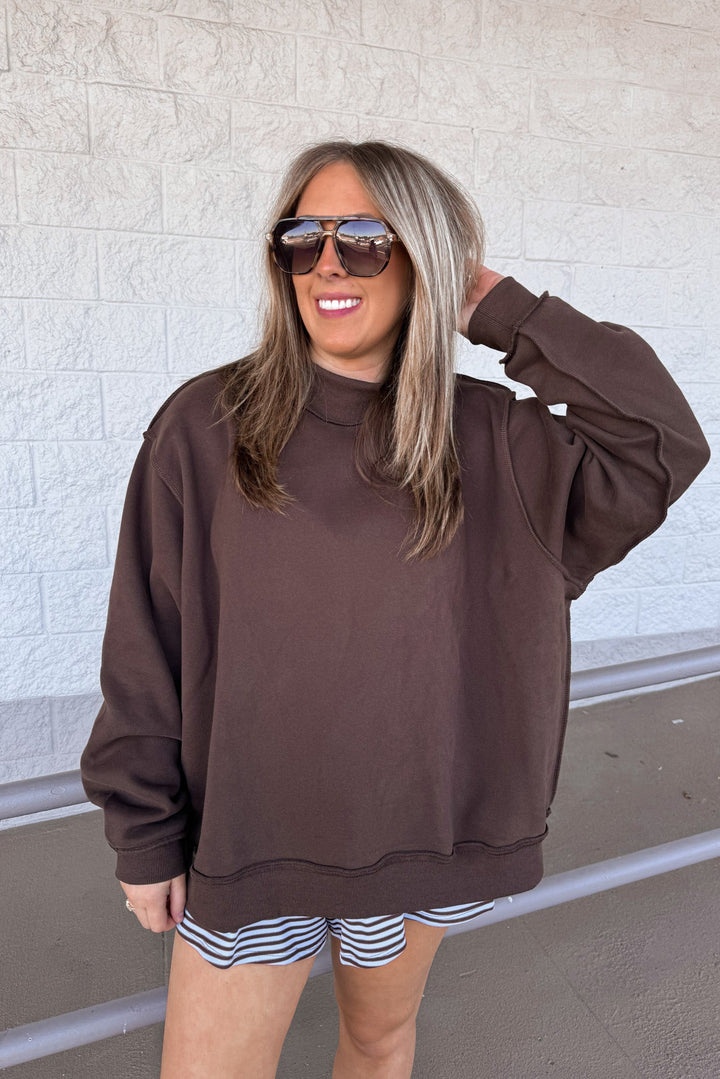 bucketlist oversized mock neck brown sweatshirt details