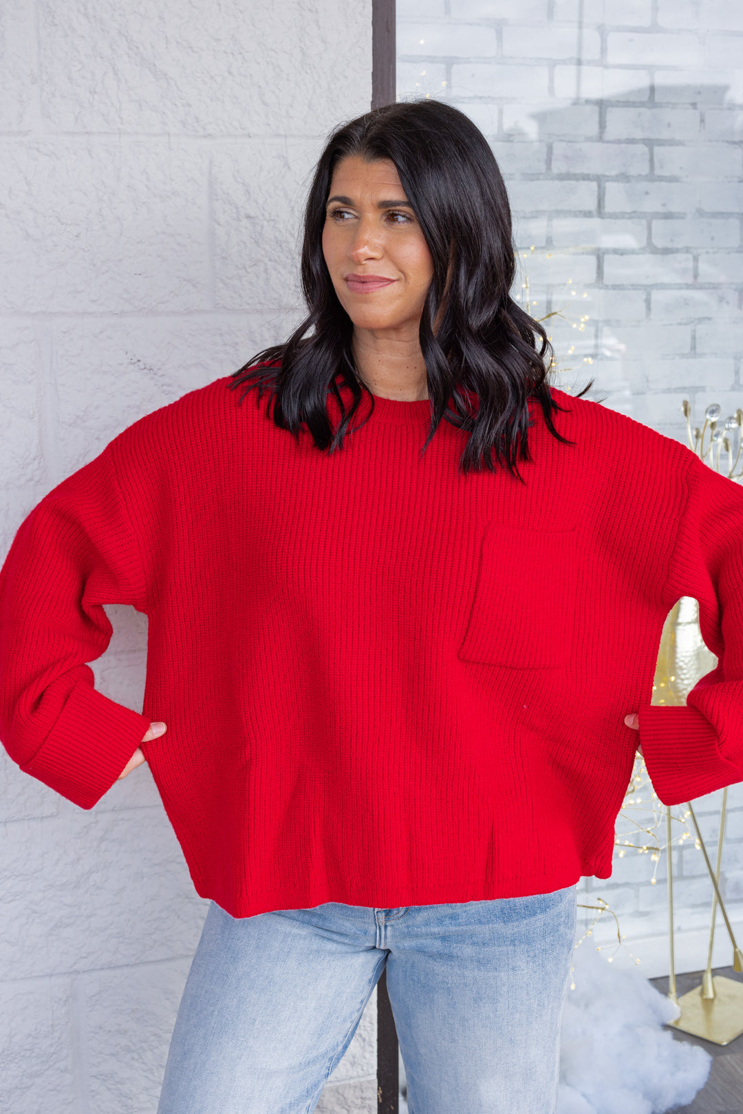 red knit oversized sweater