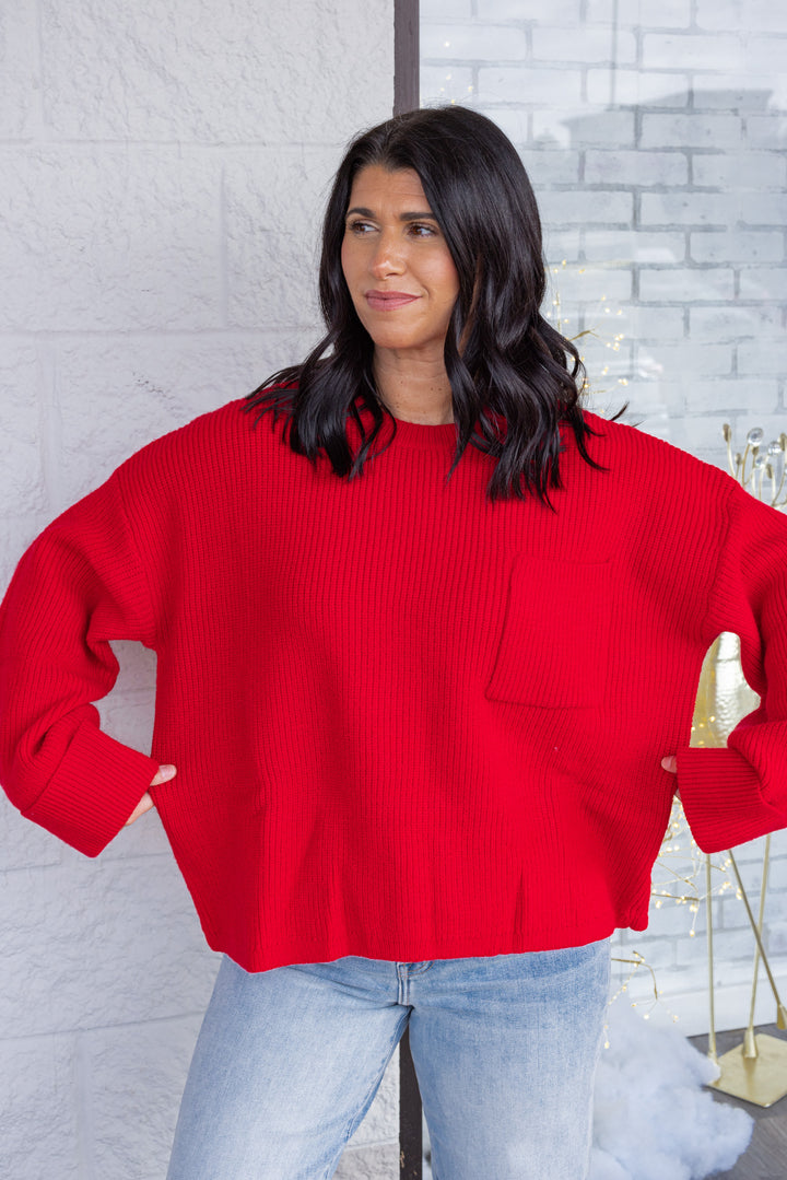 red knit oversized sweater