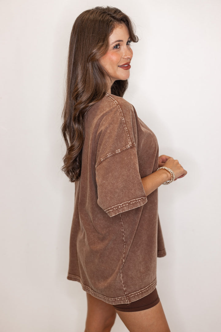 Women's mineral washed brown oversized tee by Easel showing up close side view