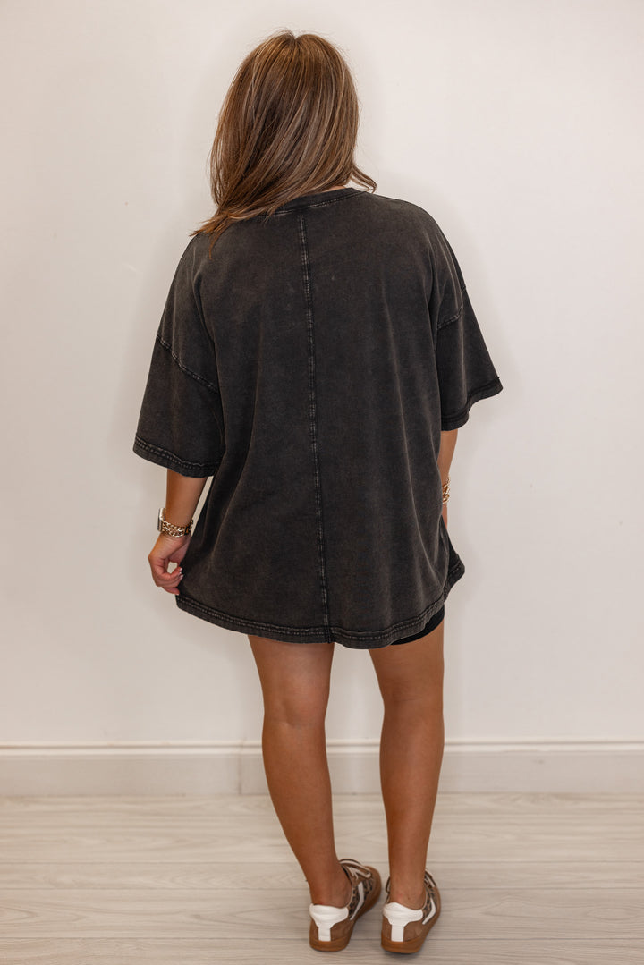 Women's mineral washed black oversized tee by Easel showing full back view