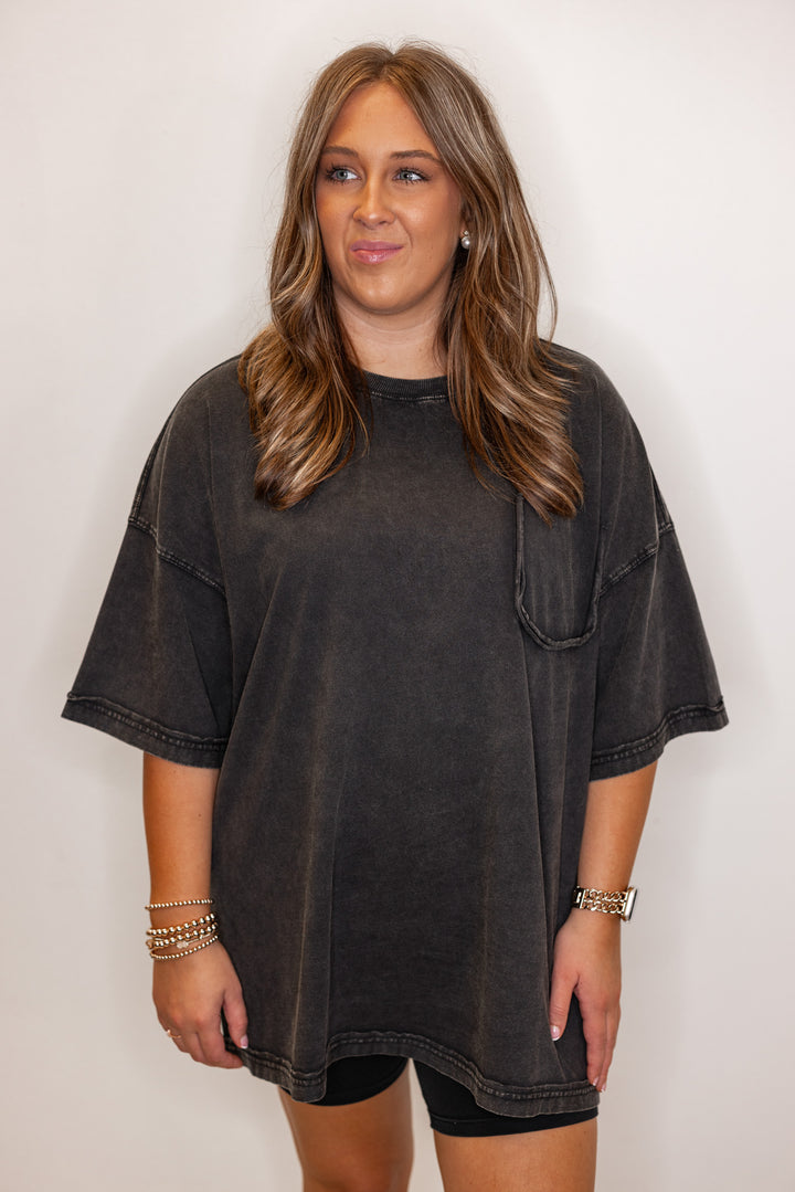 Women's mineral washed black oversized tee by Easel showing up close front view