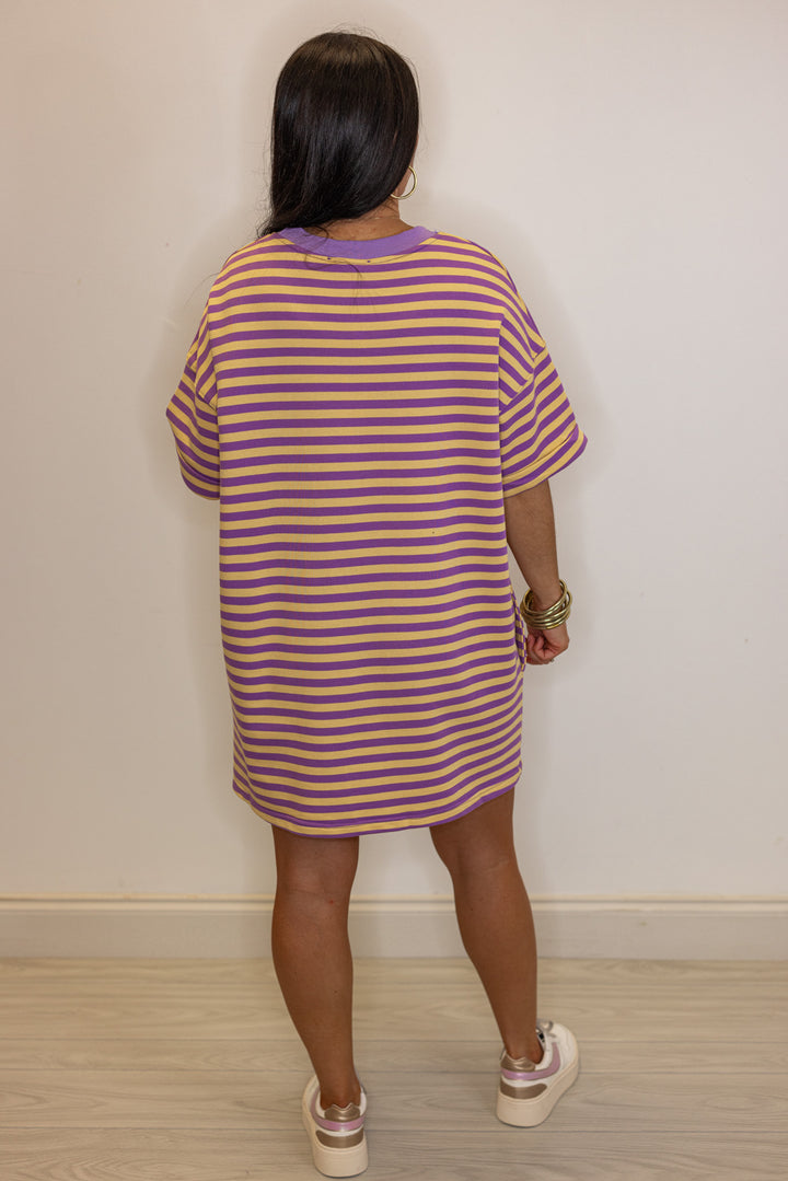 purple yellow striped tshirt tunic dress