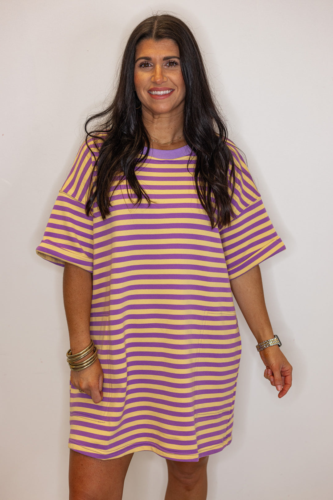 purple yellow striped tshirt tunic dress