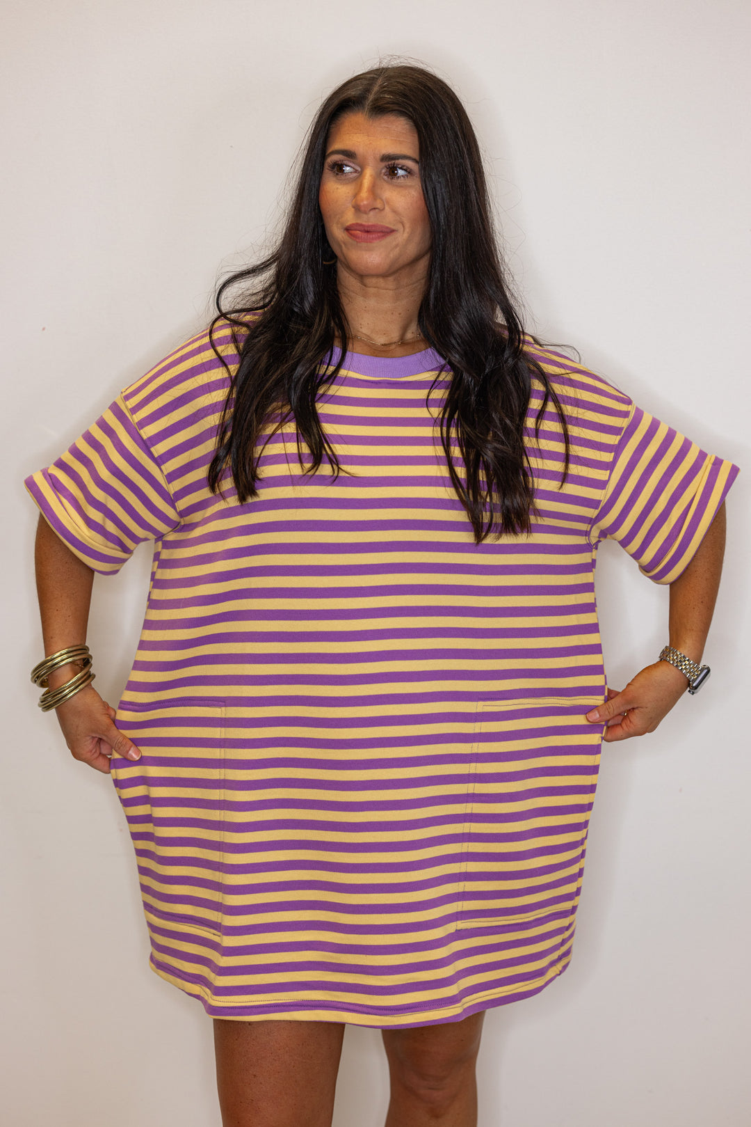 purple yellow striped tshirt tunic dress