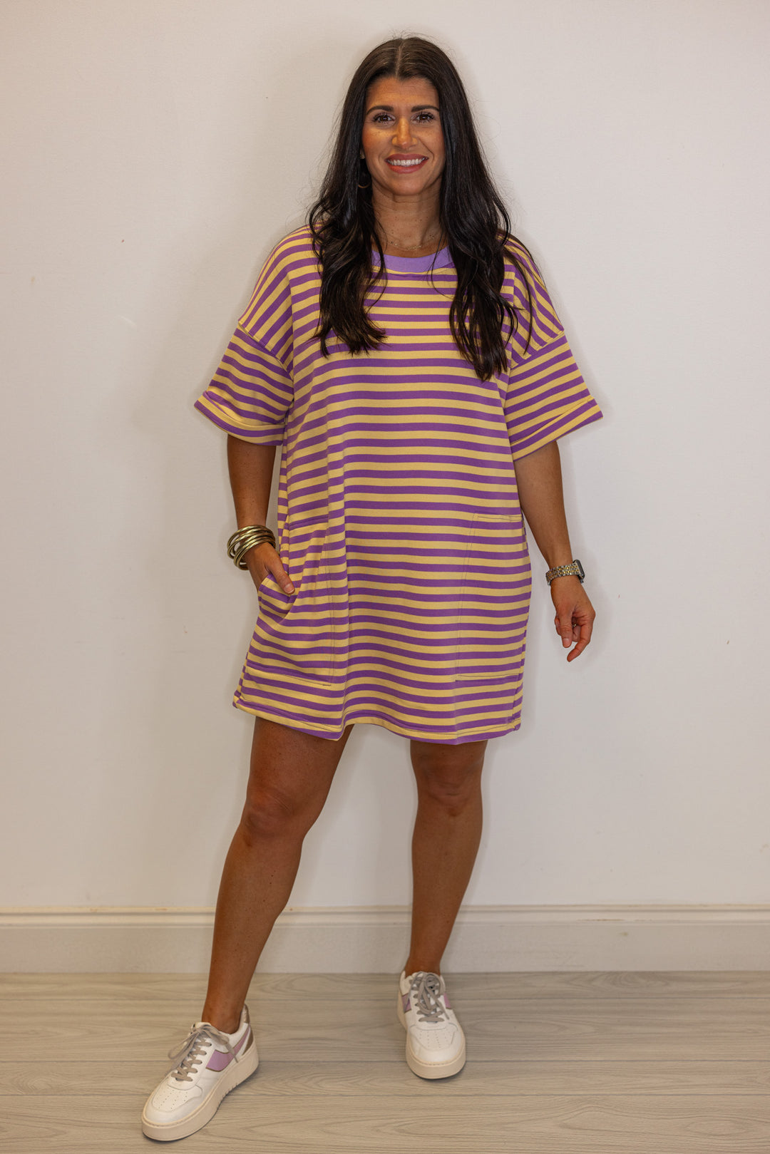 purple yellow striped tshirt tunic dress