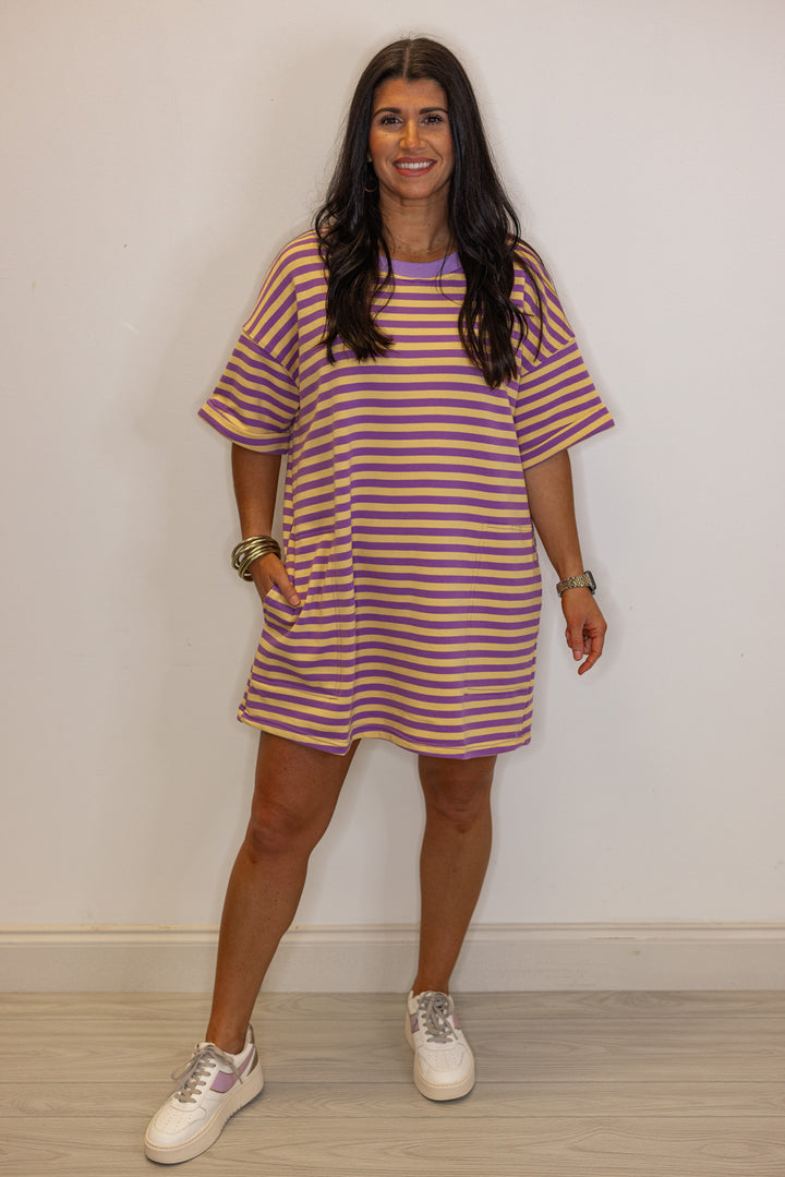 purple yellow striped tshirt tunic dress