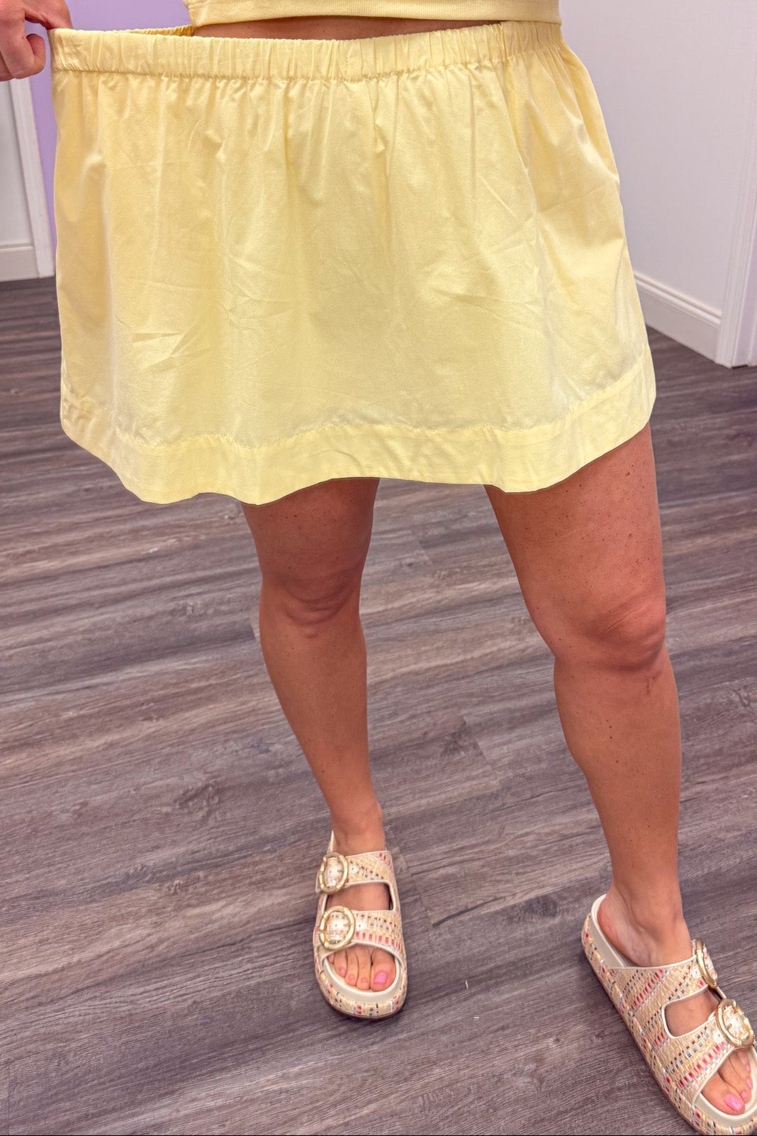 banana yellow athleisure set with stretch elastic waistband skirt