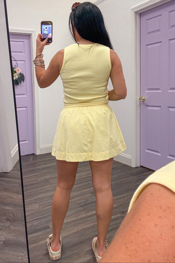 banana yellow athleisure set with knit sleeveless wide strap tank top