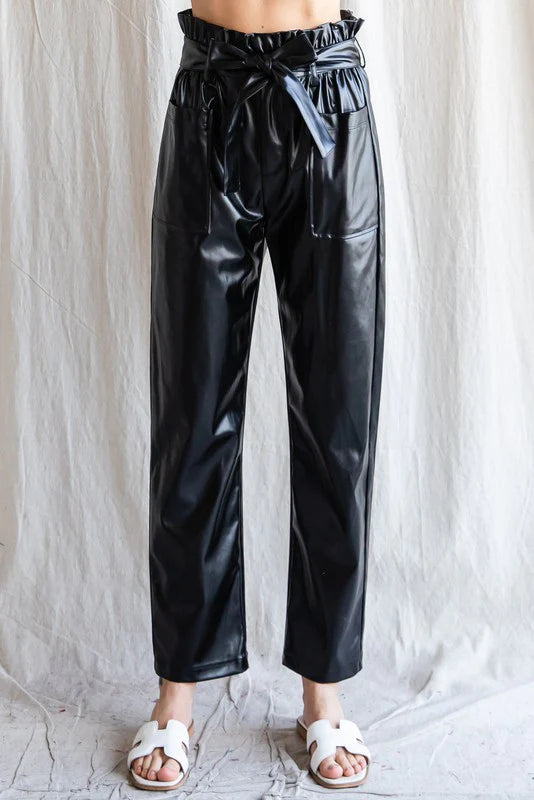 Black leather paperbag pants
