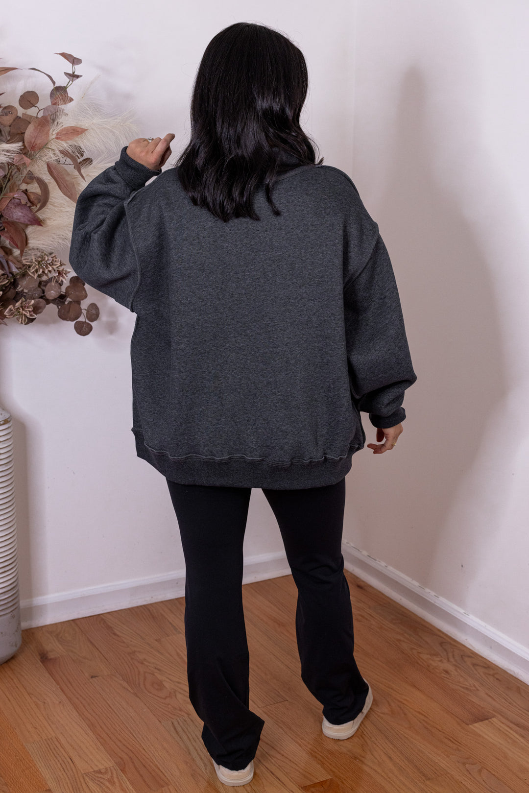 Women's charcoal reversible mock neck sweatshirt by Bucketlist showing full back view