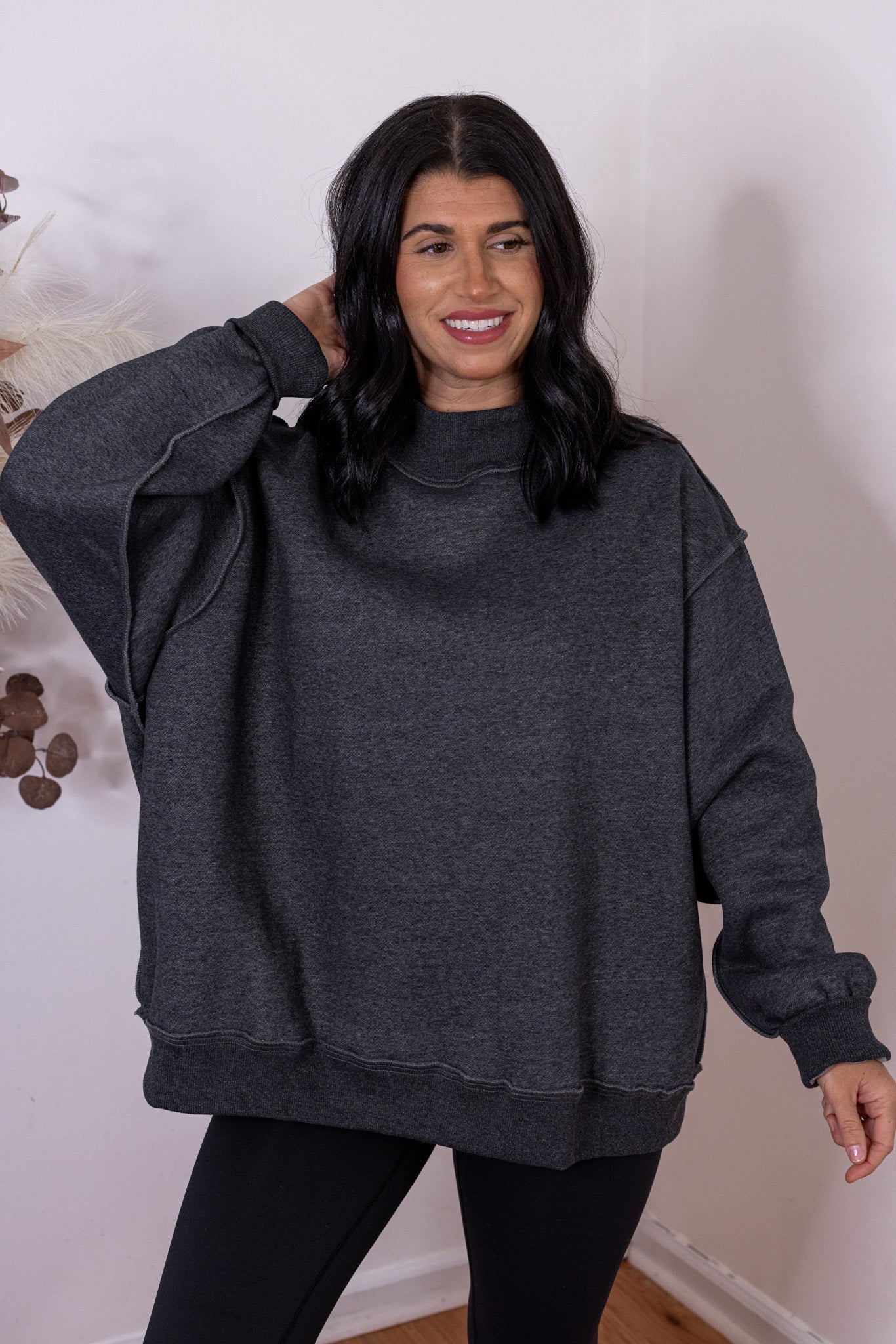 Women's Mock Neck Charcoal Sweatshirt – Purple Door Boutique
