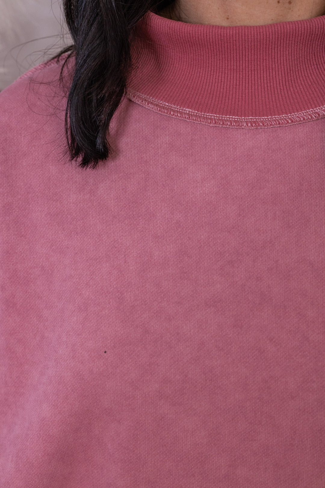 Women's washed mauve mock neck sweatshirt by Bucket List showing mauve neckline