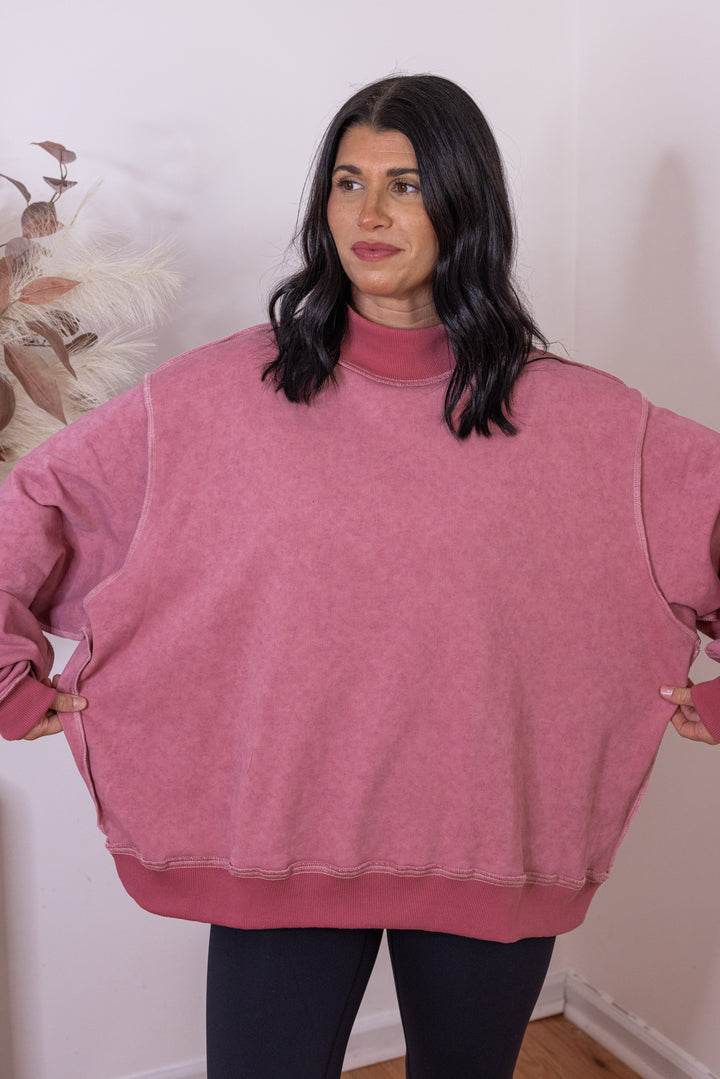 Women's washed mauve mock neck sweatshirt by Bucket List showing oversized fit