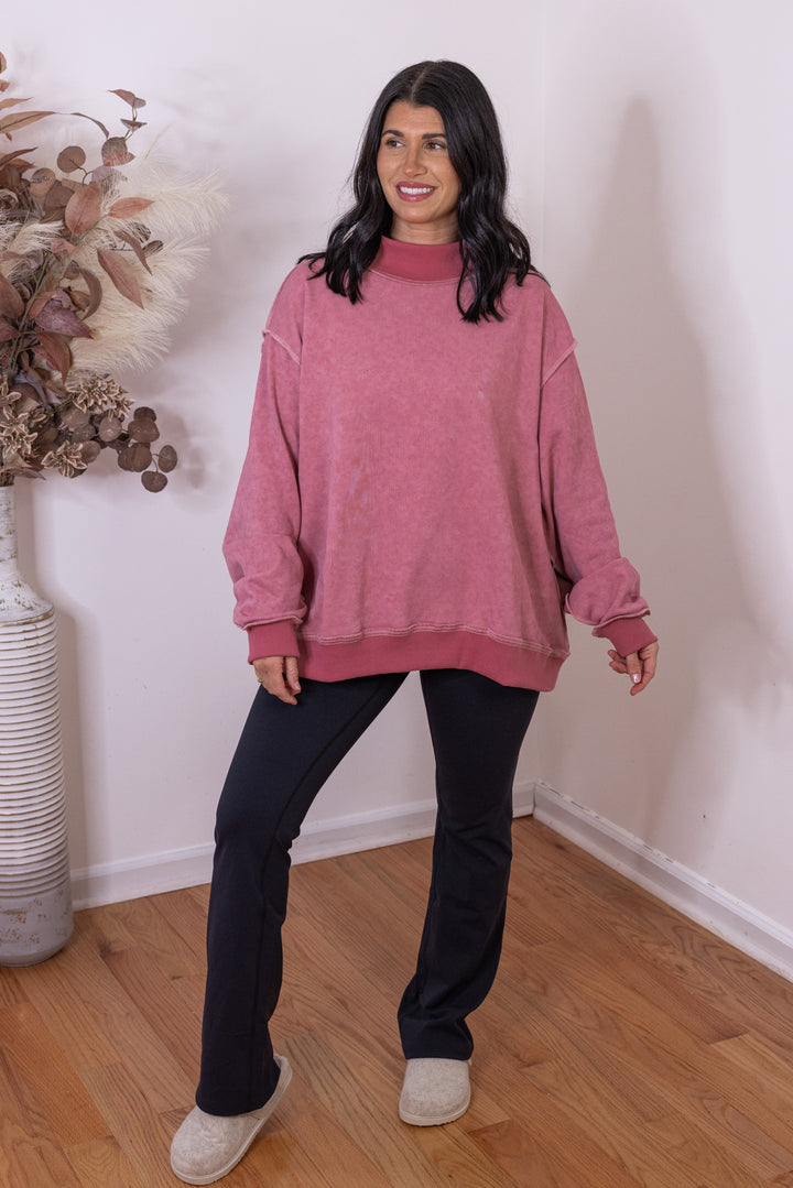 Women's washed mauve mock neck sweatshirt by Bucket List showing full front view