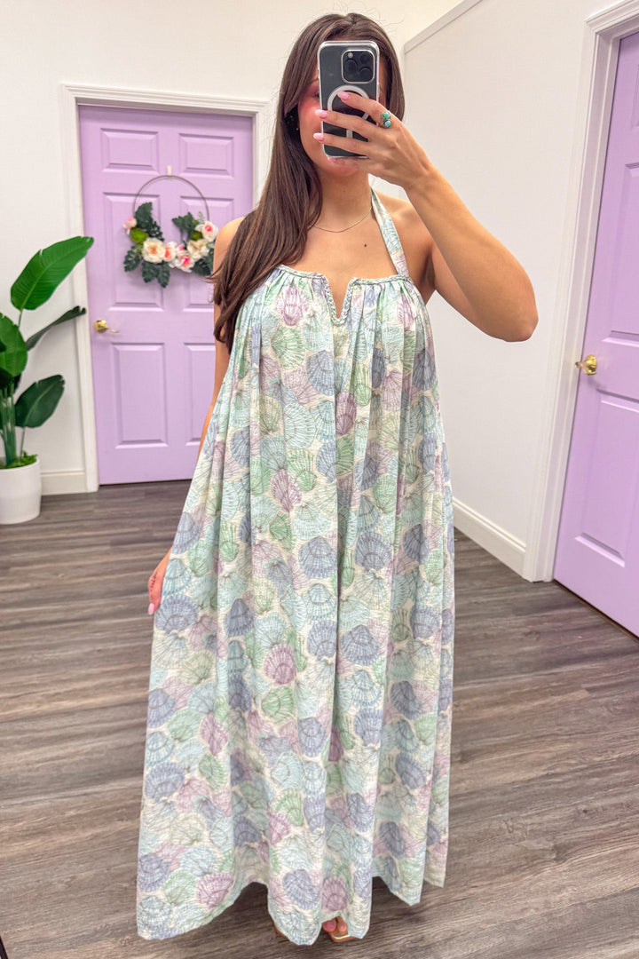 Multicolor pastel seashell print braided trim v cut neckline halter midi dress