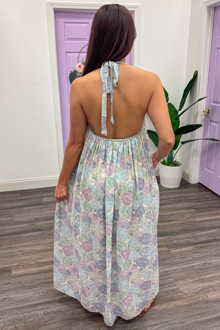 Multicolor pastel seashell print open back halter tie midi dress