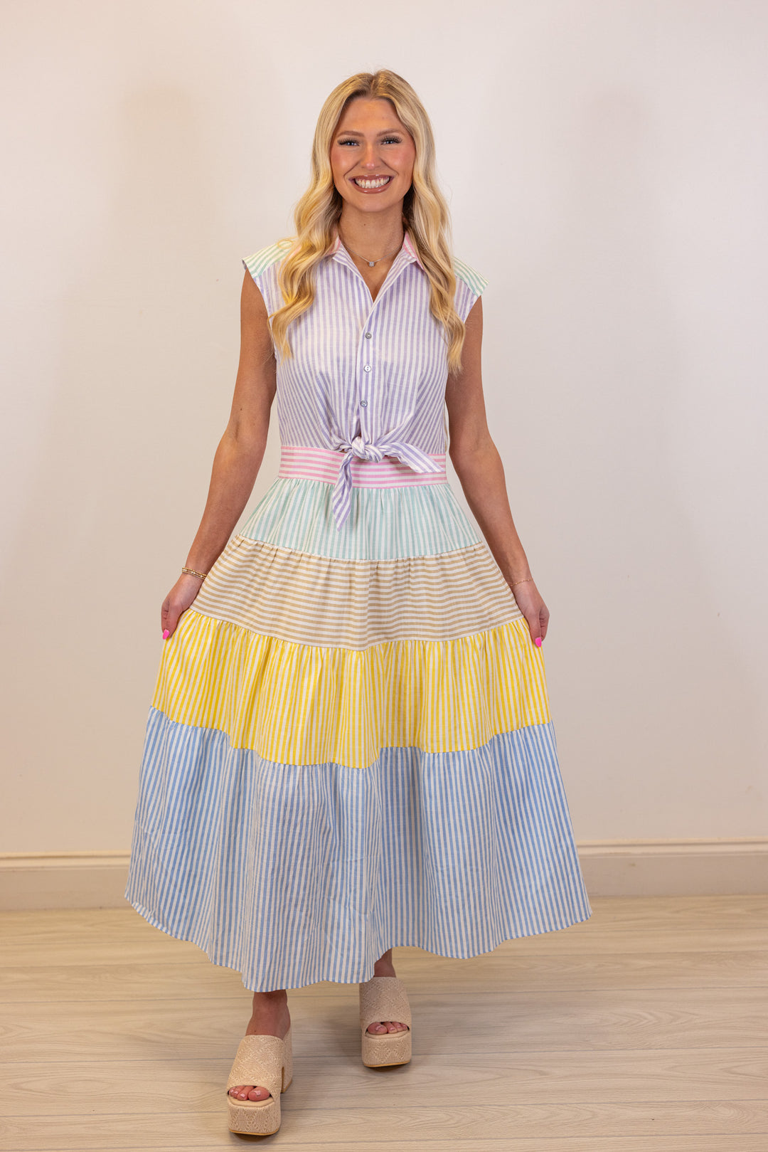 pastel seersucker stripe midi dress