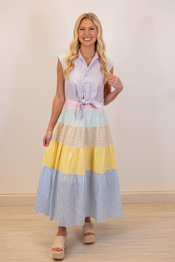 pastel seersucker stripe midi dress