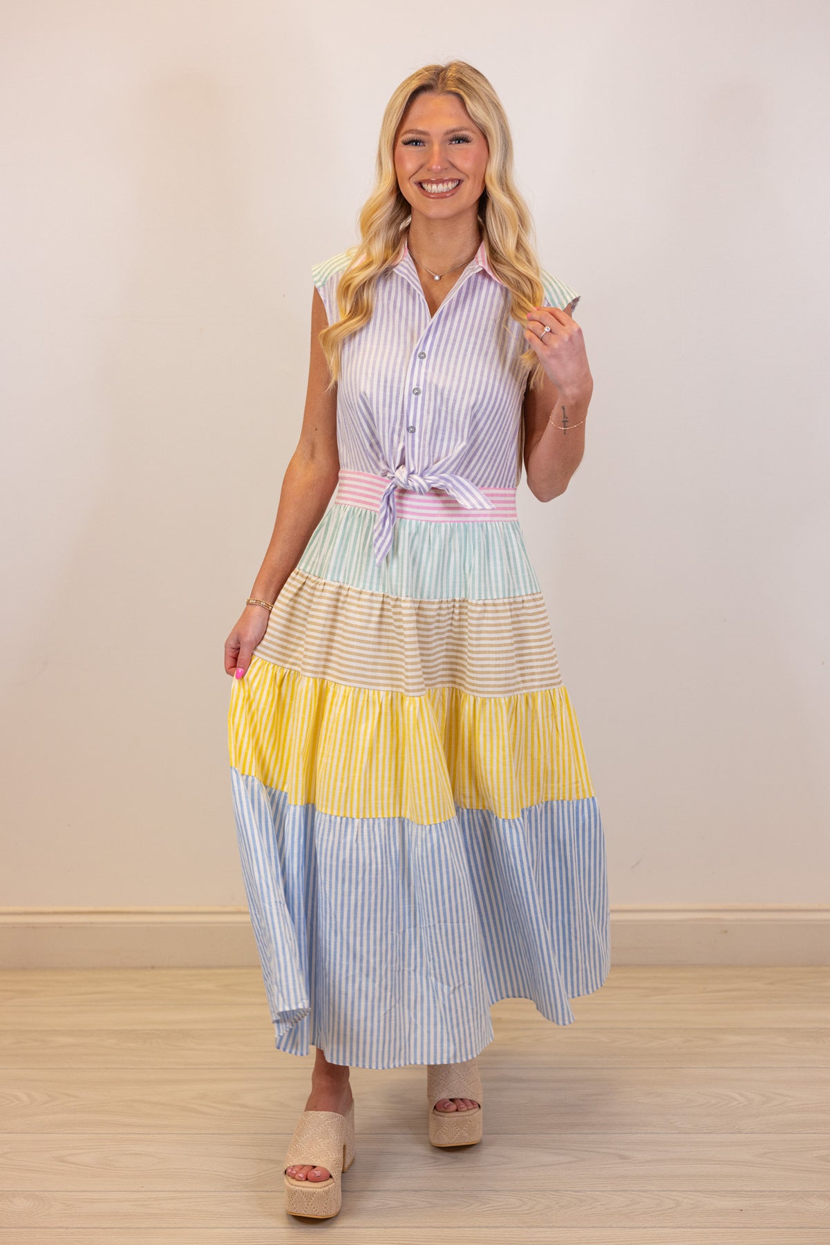 pastel stripe midi dress Pastel Stripes Midi Dress | Purple Door