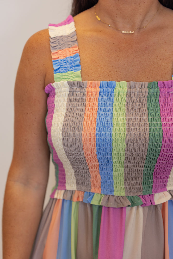 pastel stripe smocked chest midi dress